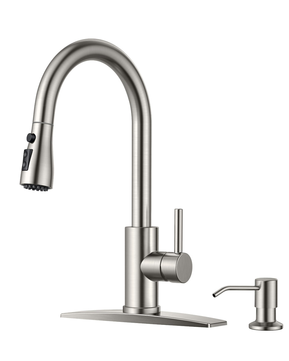 FORIOUS kitchen faucet with soap dispenser in brushed nickel for easy cleaning and organization