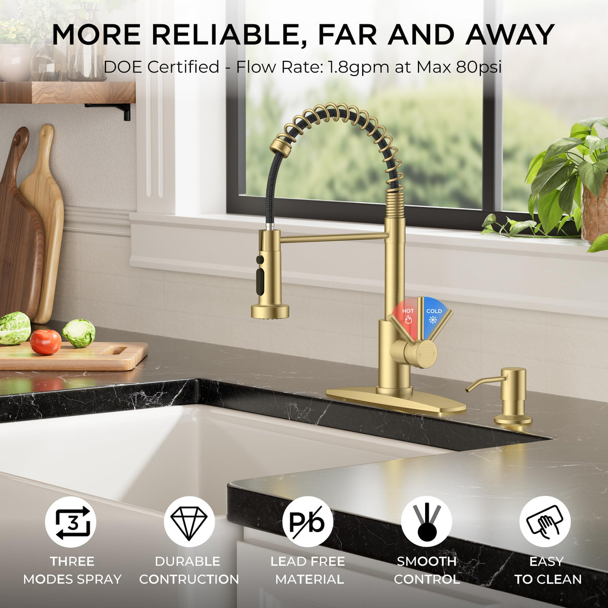 FORIOUS faucet spout with 7.87-inch reach delivering broad sink coverage.