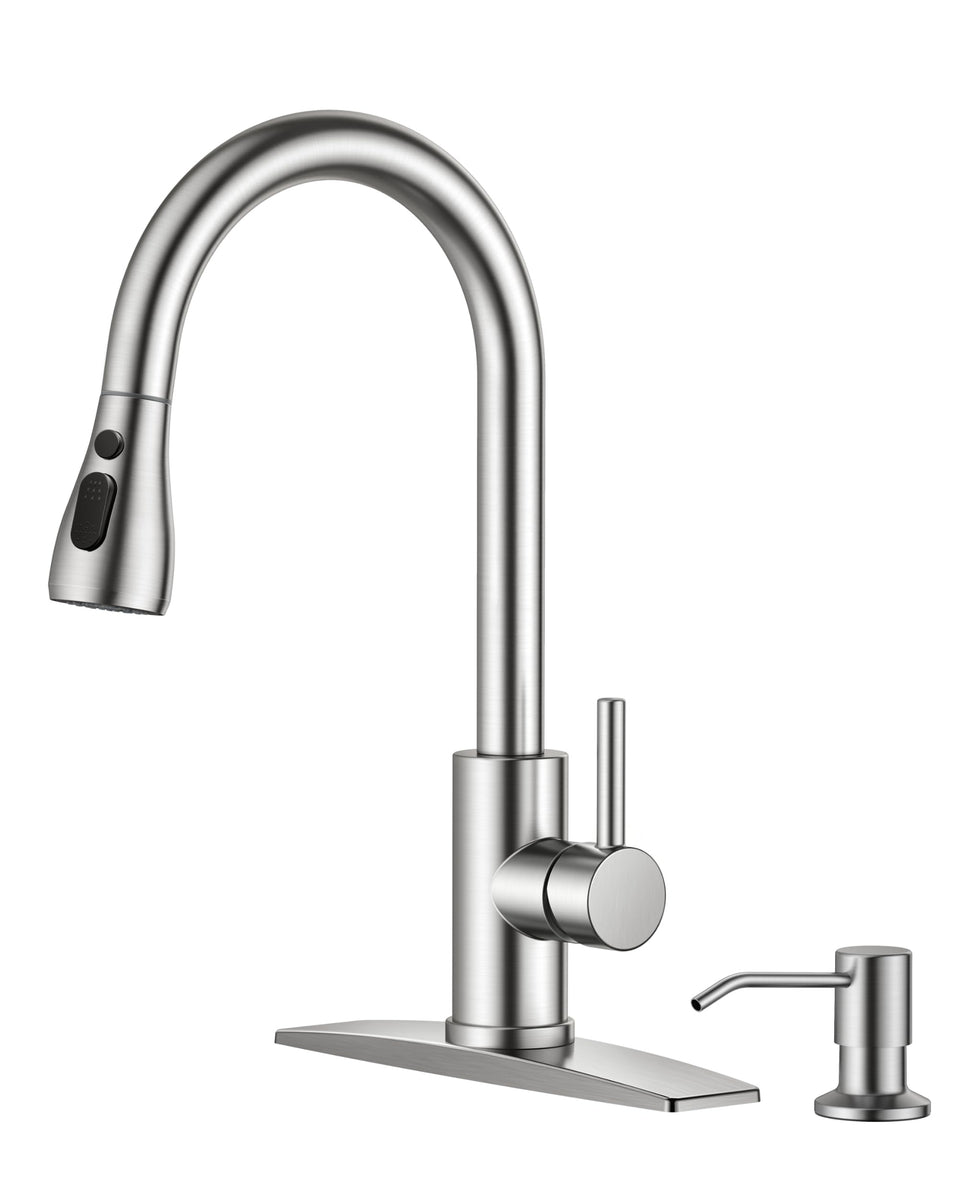 FORIOUS kitchen faucet with soap dispenser in brushed nickel for a coordinated, durable setup.