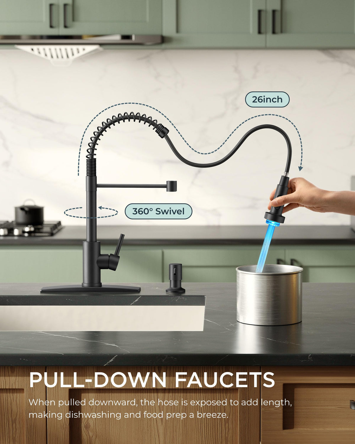 FORIOUS LED kitchen faucet shows 360-degree rotation for versatile sink arrangements.