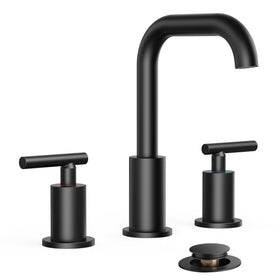 FORIOUS faucet close-up highlighting matte black finish and wide 8-inch spread for 3-hole sinks