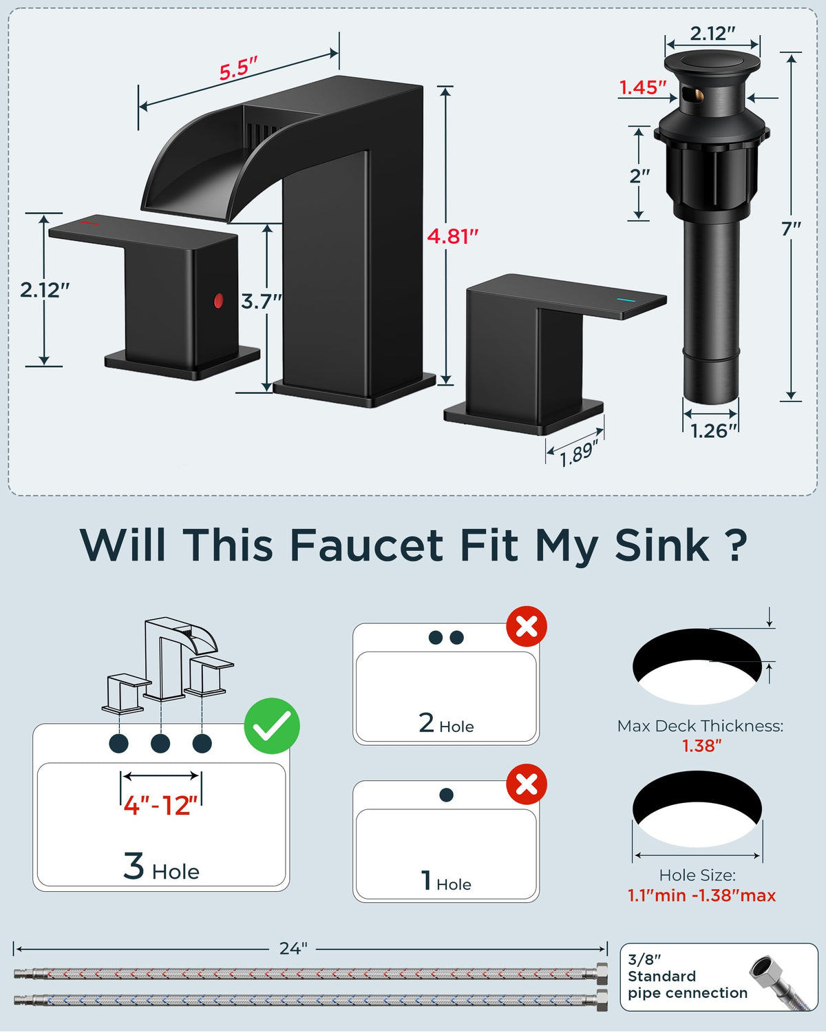 FORIOUS matte black faucet with pop-up drain for easy maintenance.