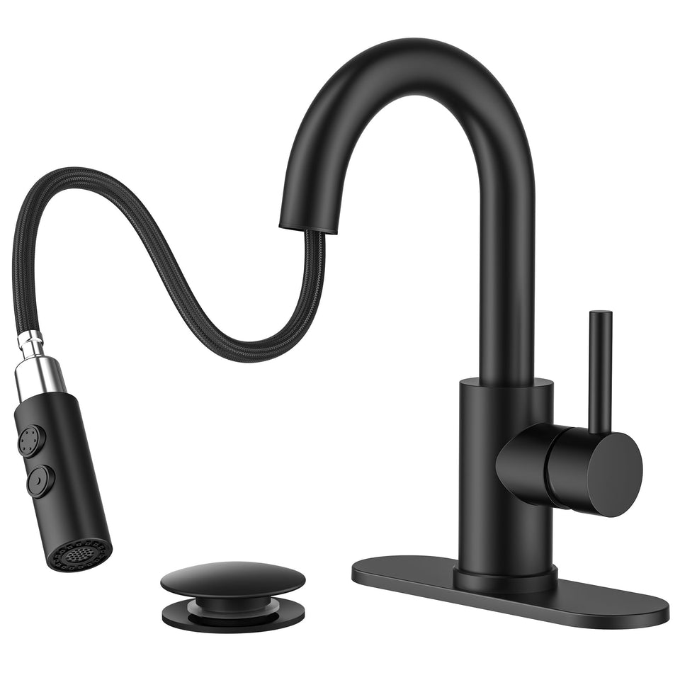 FORIOUS matte black faucet with pull-down sprayer for versatile sink cleaning