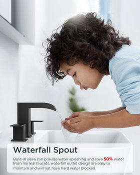 FORIOUS matte black 8-inch widespread faucet fits 6-12 inch center spacing.