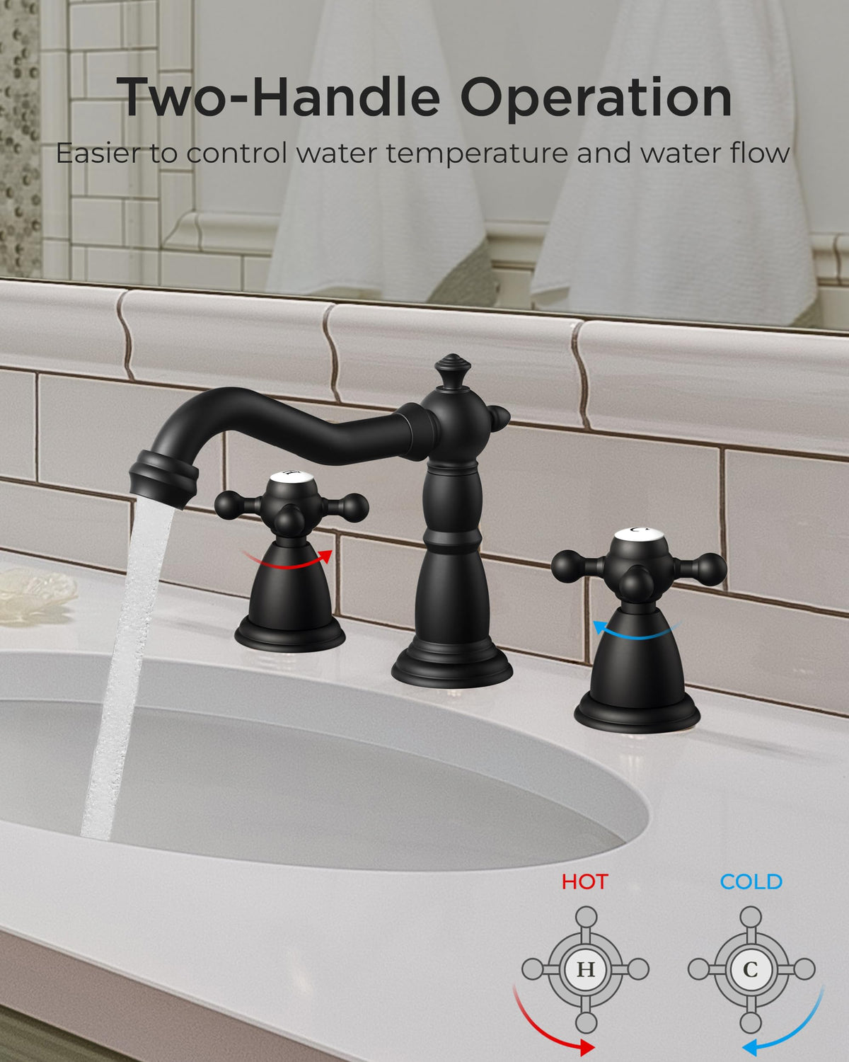FORIOUS matte black faucet close-up showing two cross handles for temperature adjustment