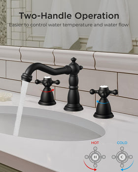 FORIOUS matte black faucet close-up showing two cross handles for temperature adjustment