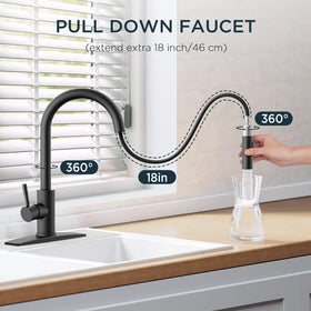 FORIOUS pull-down sprayer enables flexible rinsing over the sink.