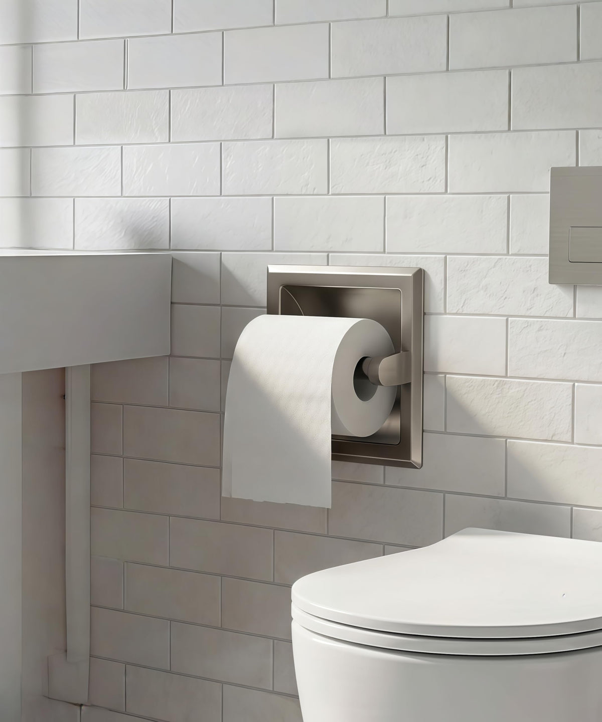 FORIOUS recessed toilet paper holder in brushed nickel, shown from the side view highlighting inset construction.
