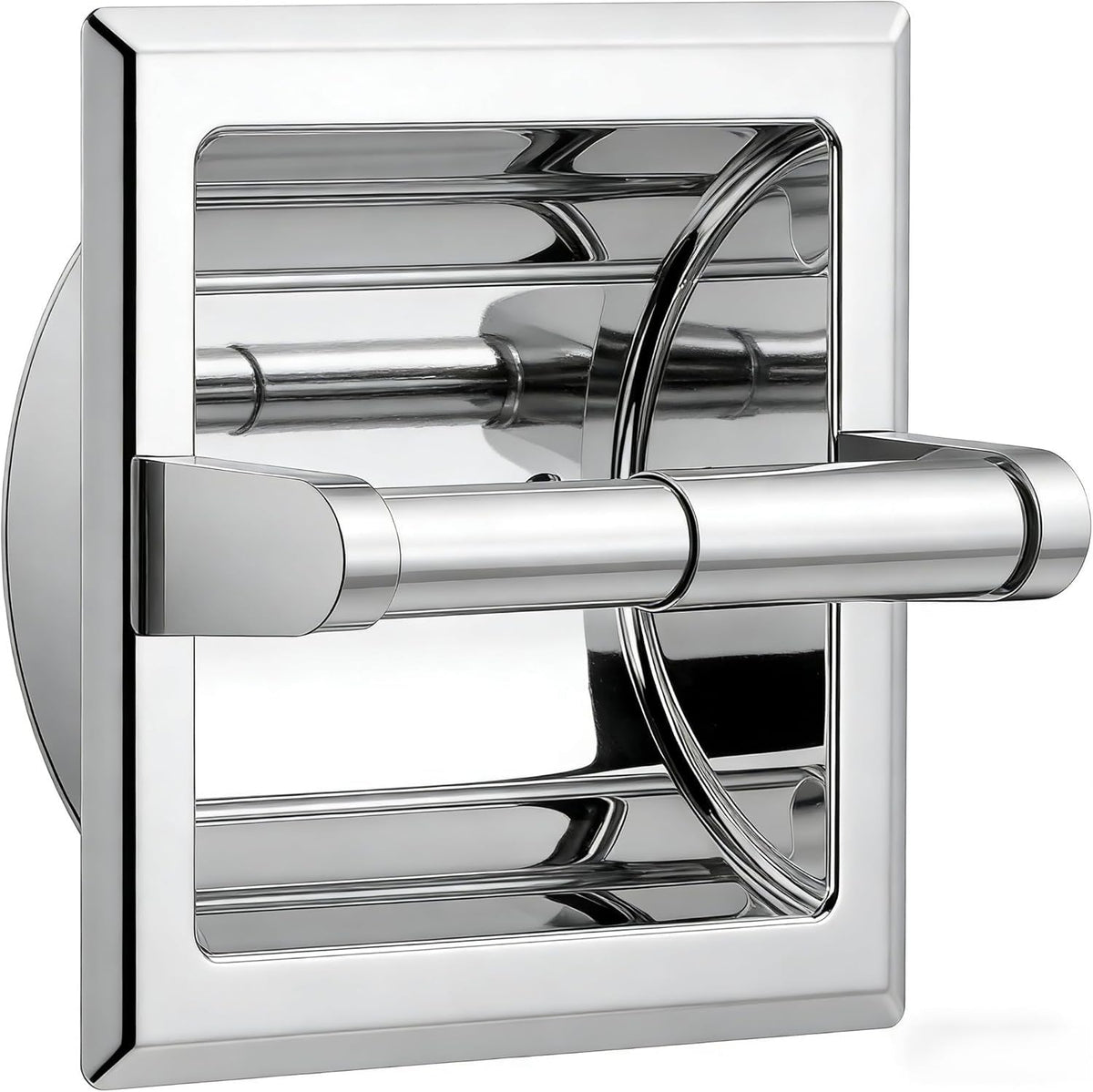 FORIOUS chrome recessed toilet paper holder front view highlights space-saving design.