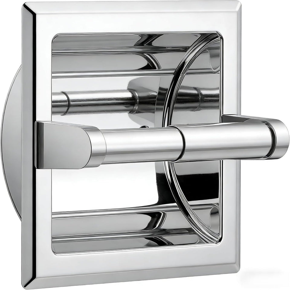 FORIOUS chrome recessed toilet paper holder front view highlights space-saving design.