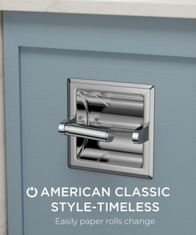 FORIOUS chrome recessed toilet paper holder mounted on wall for quick roll access.
