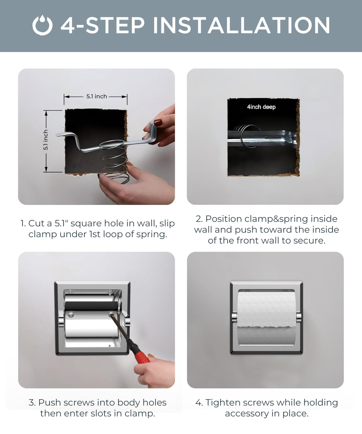 FORIOUS chrome recessed toilet paper holder with mounting bracket complements modern baths.
