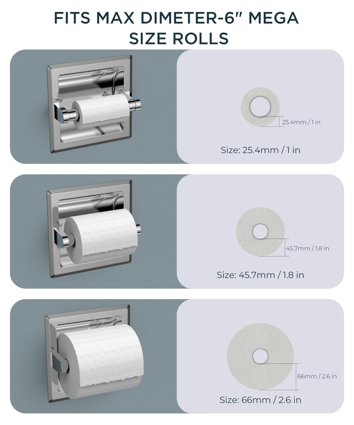 FORIOUS recessed toilet paper holder installed in-cabinet for discreet storage.