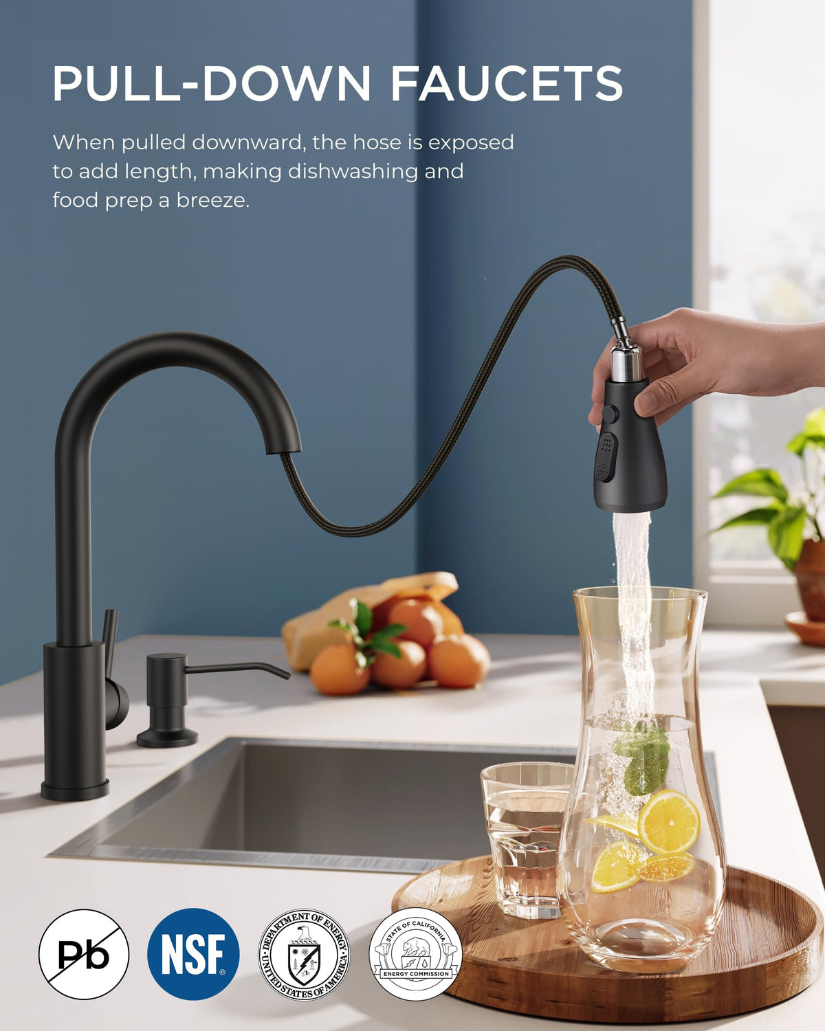 FORIOUS stainless steel pull-down faucet with sprayer, versatile spray settings for cleaning