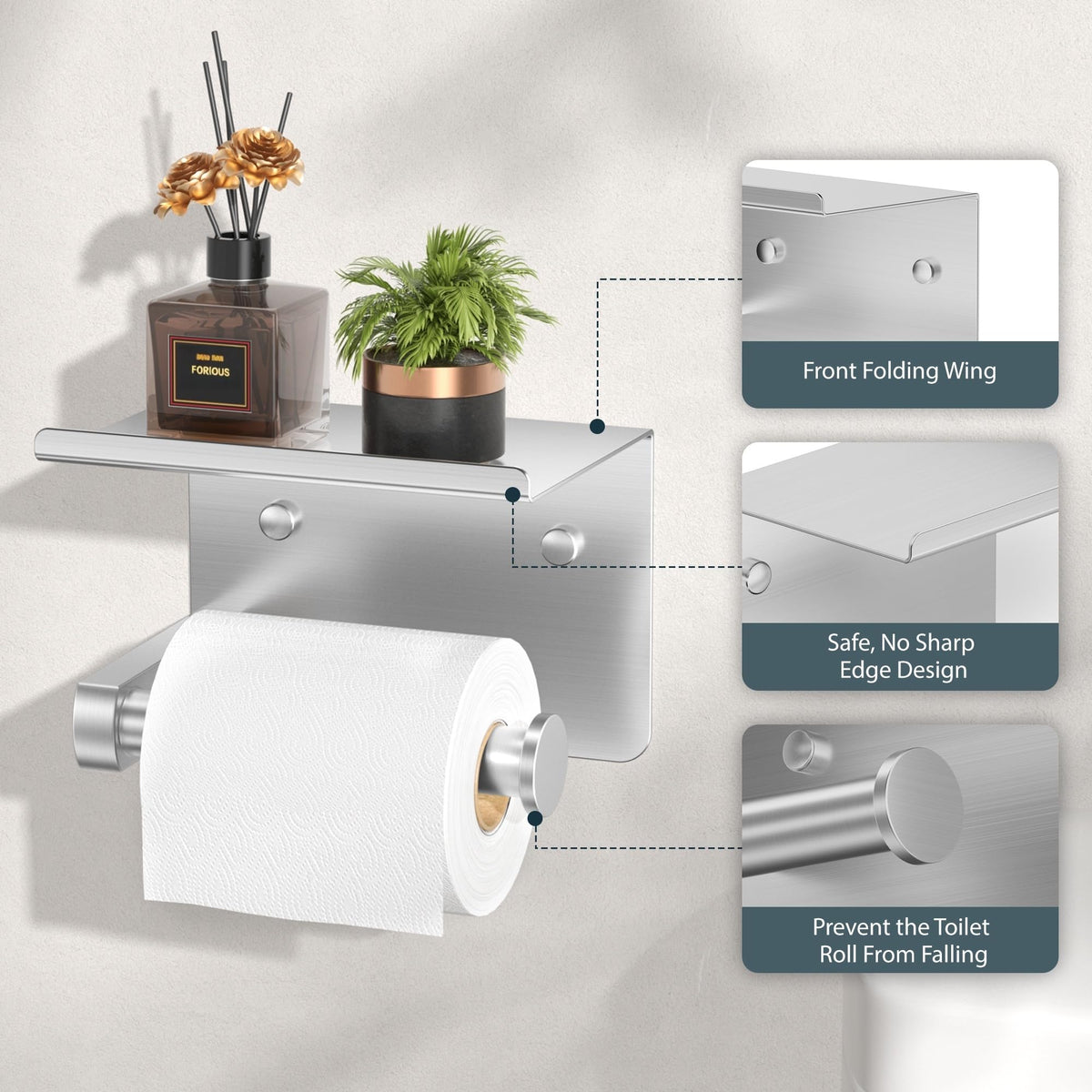 FORIOUS stainless steel close-up shows rustproof finish for humid bathrooms.