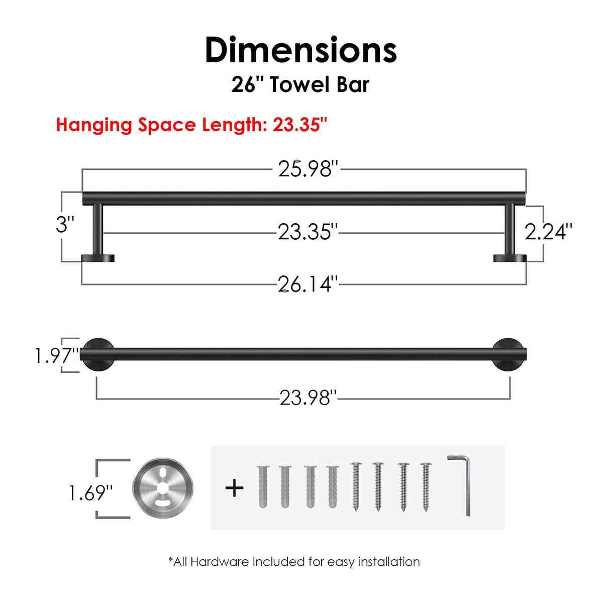 FORIOUS Stainless Steel Towel Bar 26-Inch total length durable in humid bathrooms