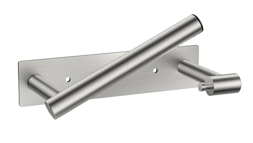 FORIOUS pivoting double-post toilet paper holder in brushed nickel for easy roll changes.