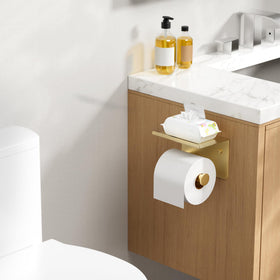 FORIOUS adhesive version with shelf keeps toilet paper organized on smooth surfaces.