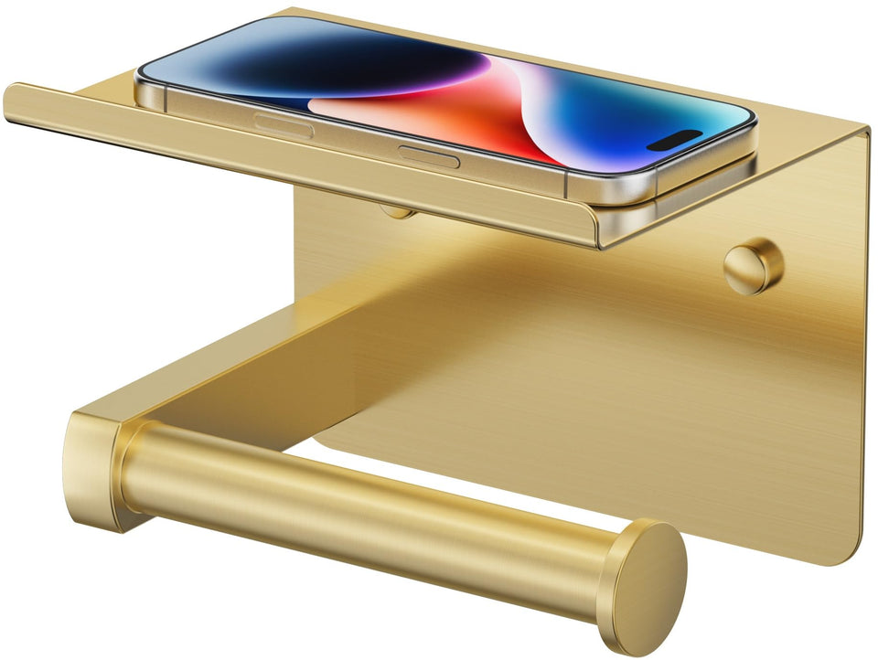 FORIOUS toilet paper holder with shelf, wall mount in brushed gold, sturdy bathroom storage.