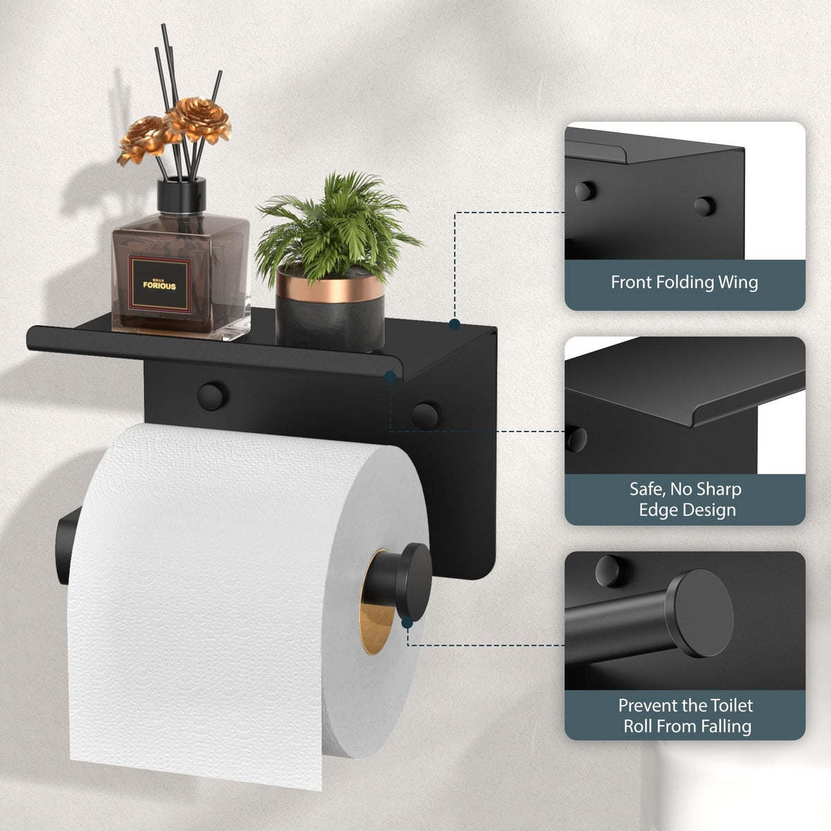 FORIOUS toilet paper holder shelf with screw mount, sturdy wall installation for bathrooms.