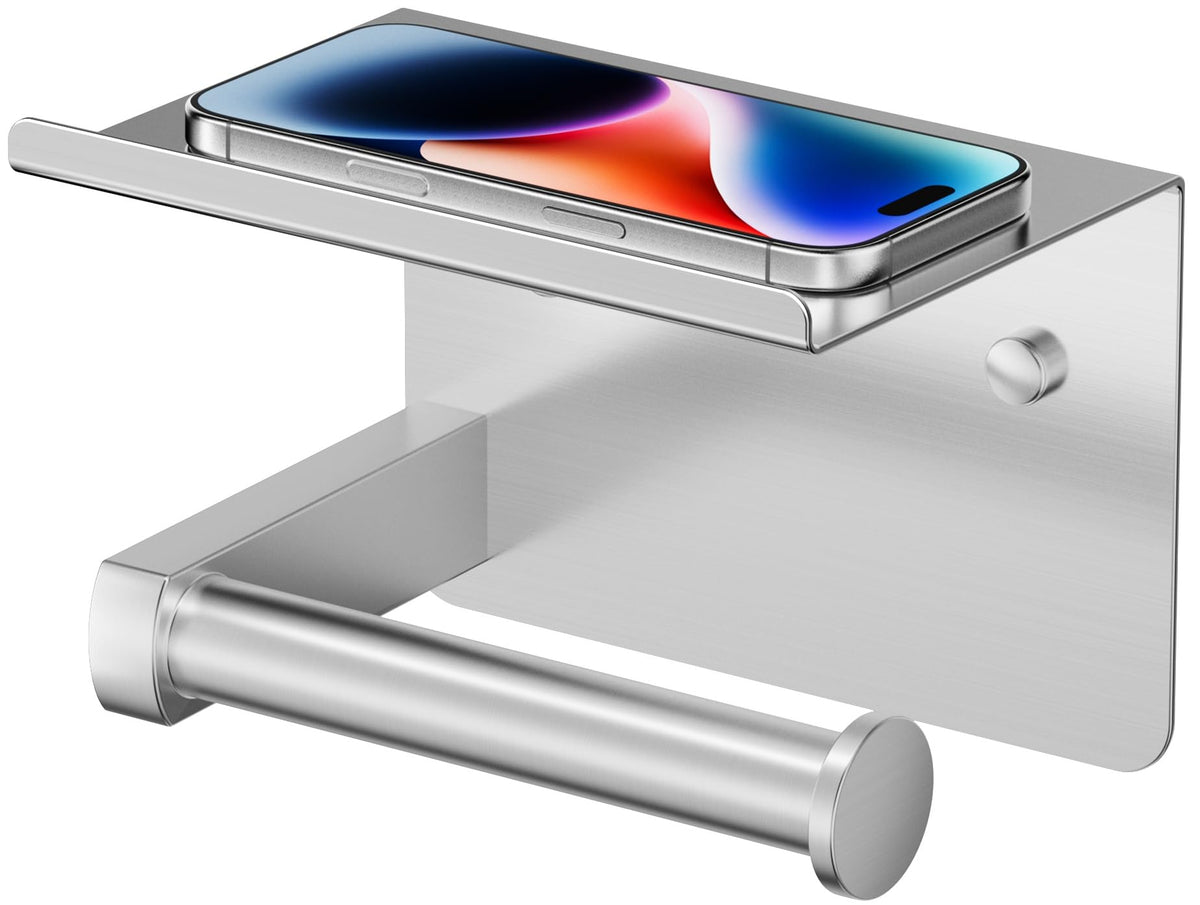 FORIOUS toilet paper holder with shelf, side view, showing space-saving brushed nickel finish.