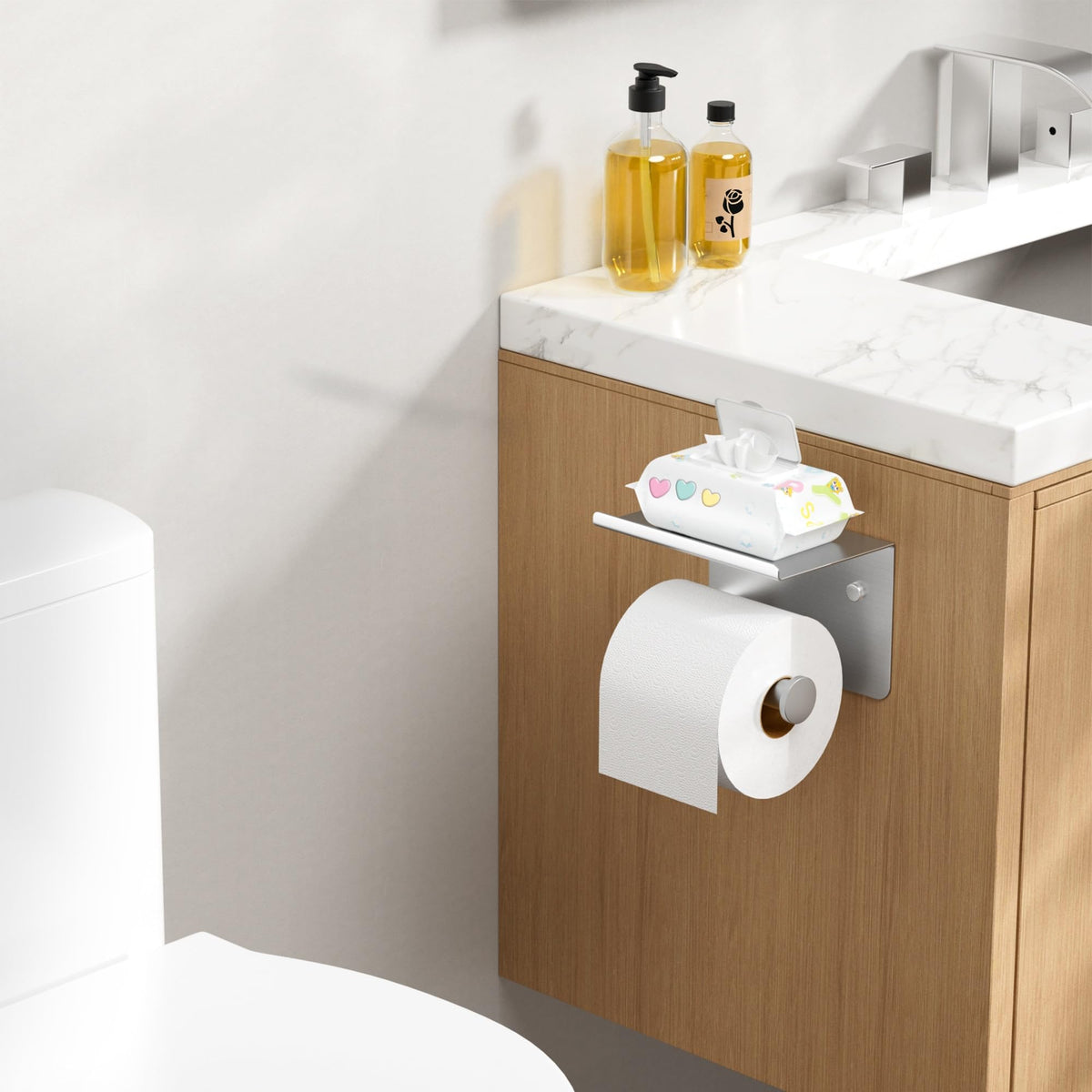 FORIOUS toilet paper holder with shelf wall-mount, adhesive option for damage-free installation.