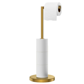 FORIOUS brushed-gold toilet paper holder stand with weighted base for stability.