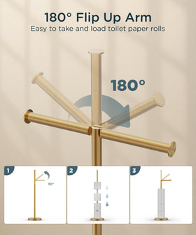 Dispensing arm securing toilet paper on FORIOUS stand.