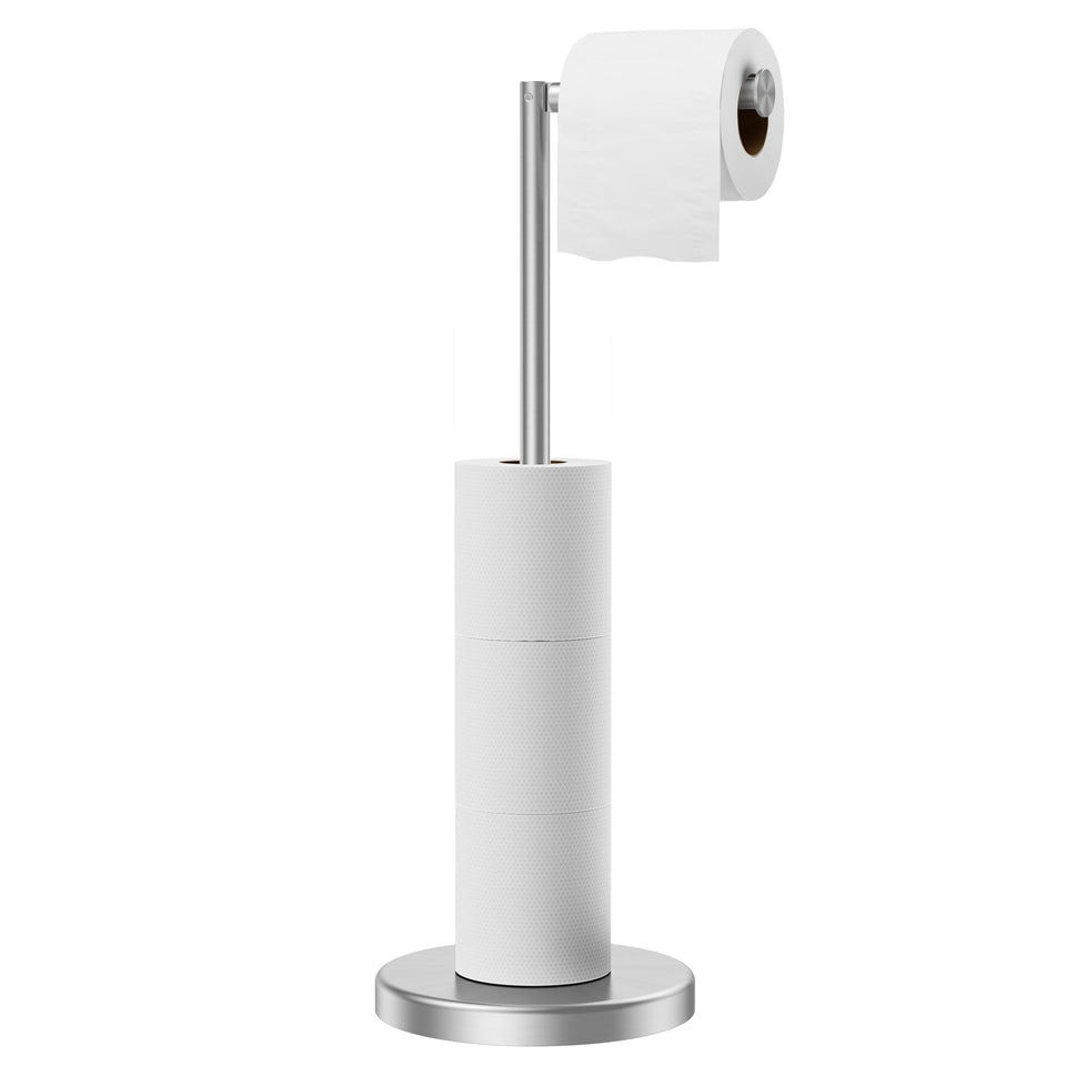 FORIOUS freestanding toilet paper holder with weighted base for stable bathroom placement.