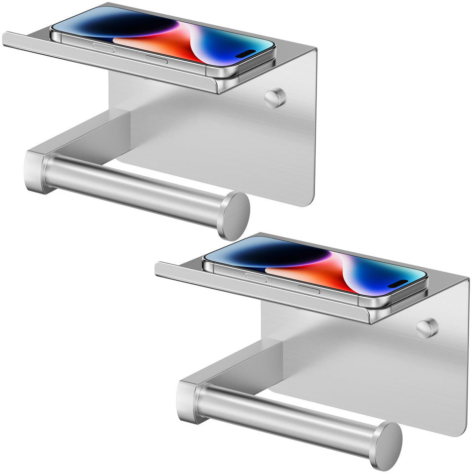FORIOUS adhesive toilet paper holder with shelf in brushed nickel offers easy stick-on installation.
