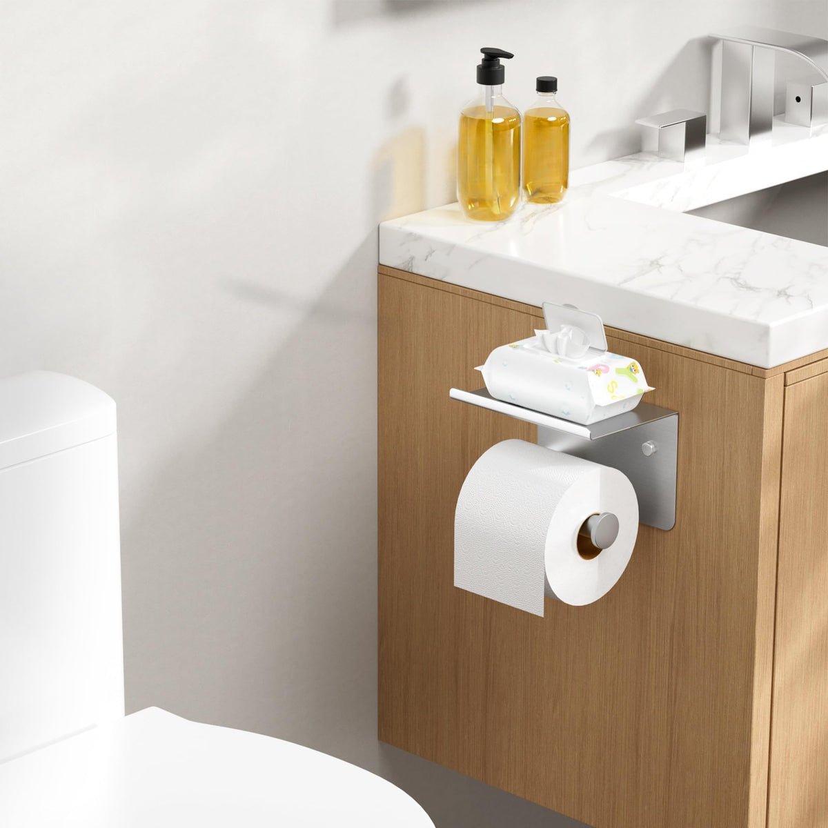 FORIOUS wall-mounted toilet paper holder with shelf in brushed nickel includes mounting hardware.