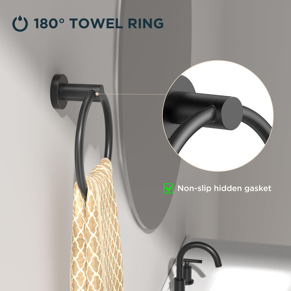 FORIOUS round wall-mounted towel ring in matte black saves space in bath.