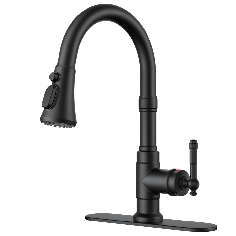 FORIOUS vintage faucet with pull-down spray in matte black enhances kitchen efficiency.