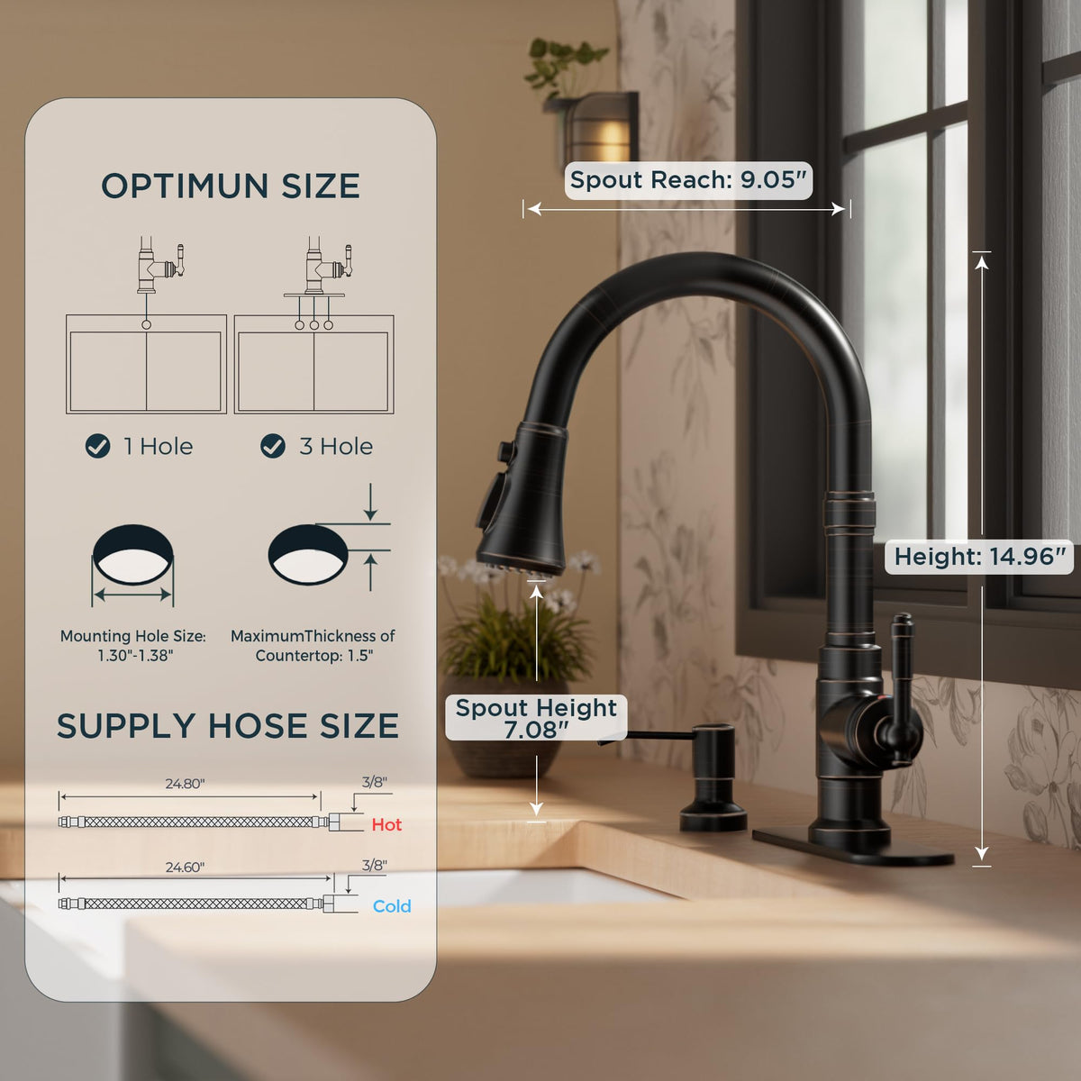 FORIOUS soap dispenser beside faucet, 11.83 oz capacity for quick handwashing.