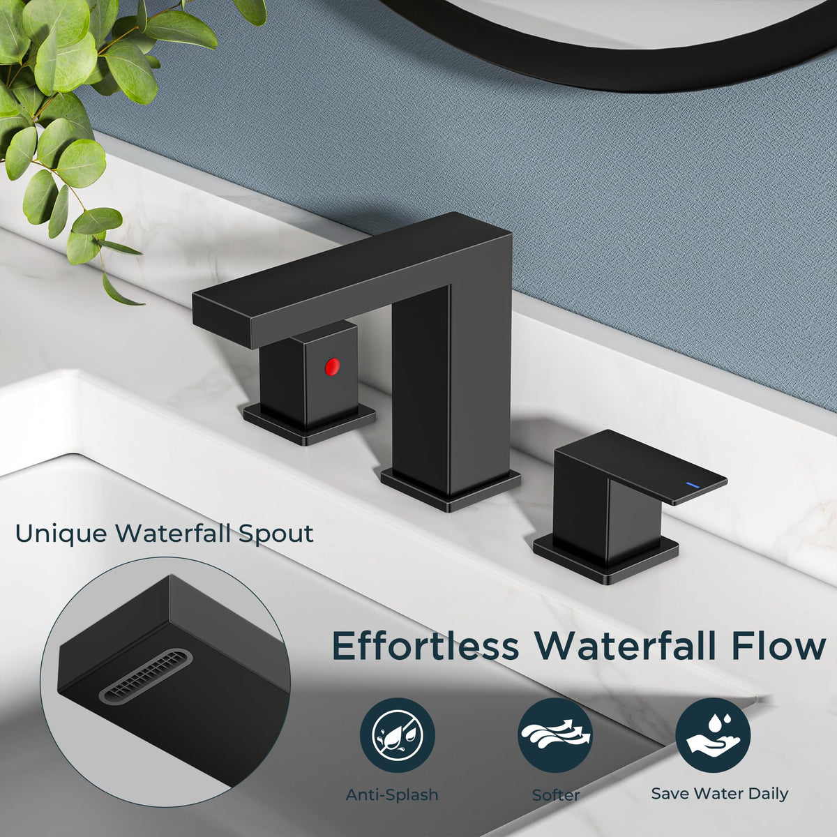 FORIOUS Waterfall Black Faucet metal pop-up drain for reliable drainage.