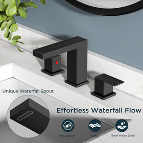 FORIOUS Waterfall Black Faucet metal pop-up drain for reliable drainage.