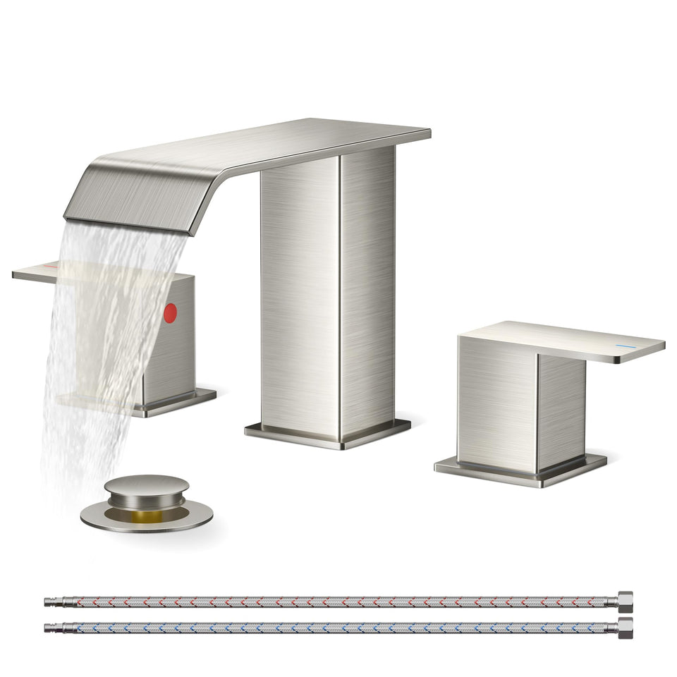 FORIOUS wide-spread bathroom faucet with waterfall spout for modern sinks, low splash design