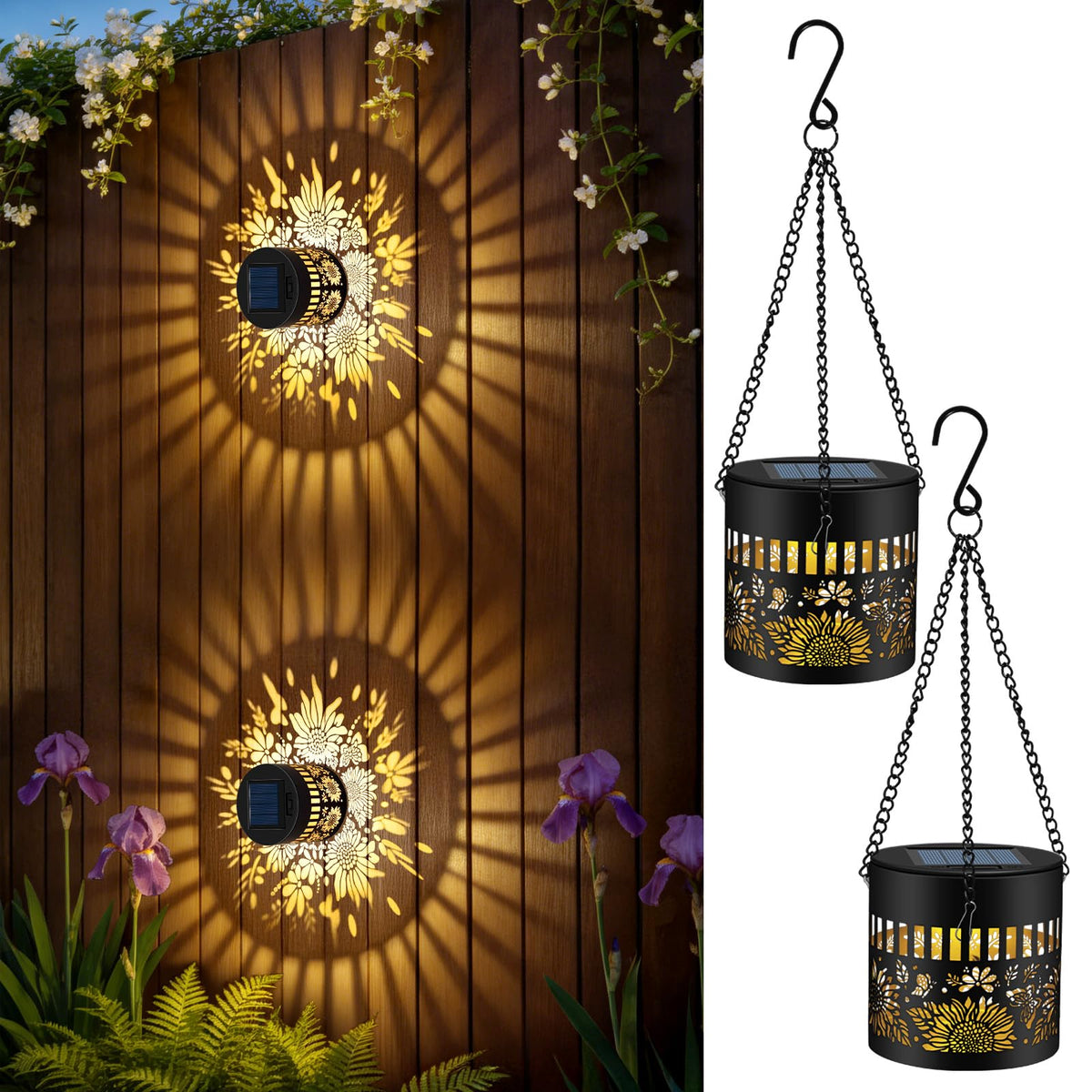 Forlivese solar fence light with sunflower pattern casts warm ambient wall glow.