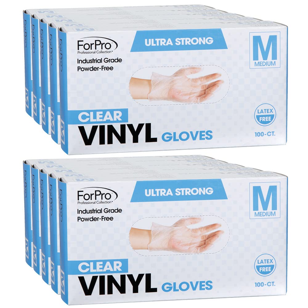 ForPro disposable vinyl gloves in a clear, textured finish inside a dispenser box for easy access.