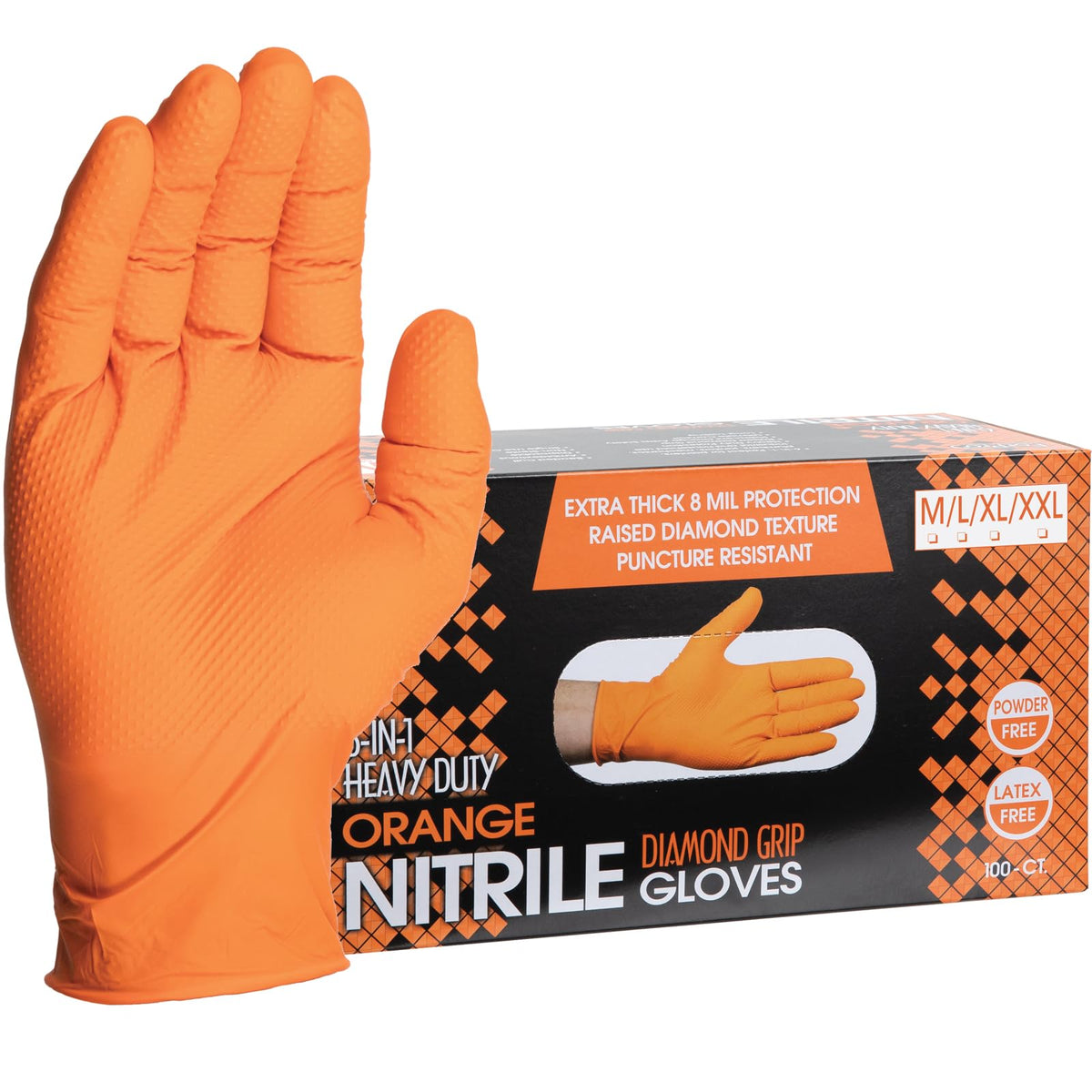 ForPro heavy duty nitrile gloves in orange with 8 mil thickness for robust protection.