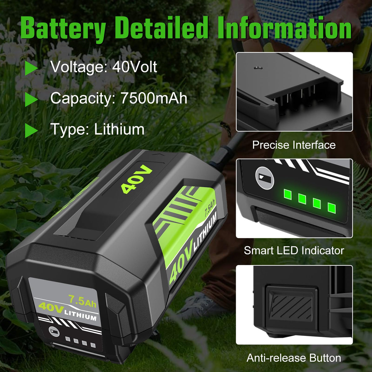 Forrat 40V battery side view highlighting compact, balanced design for cordless tools.