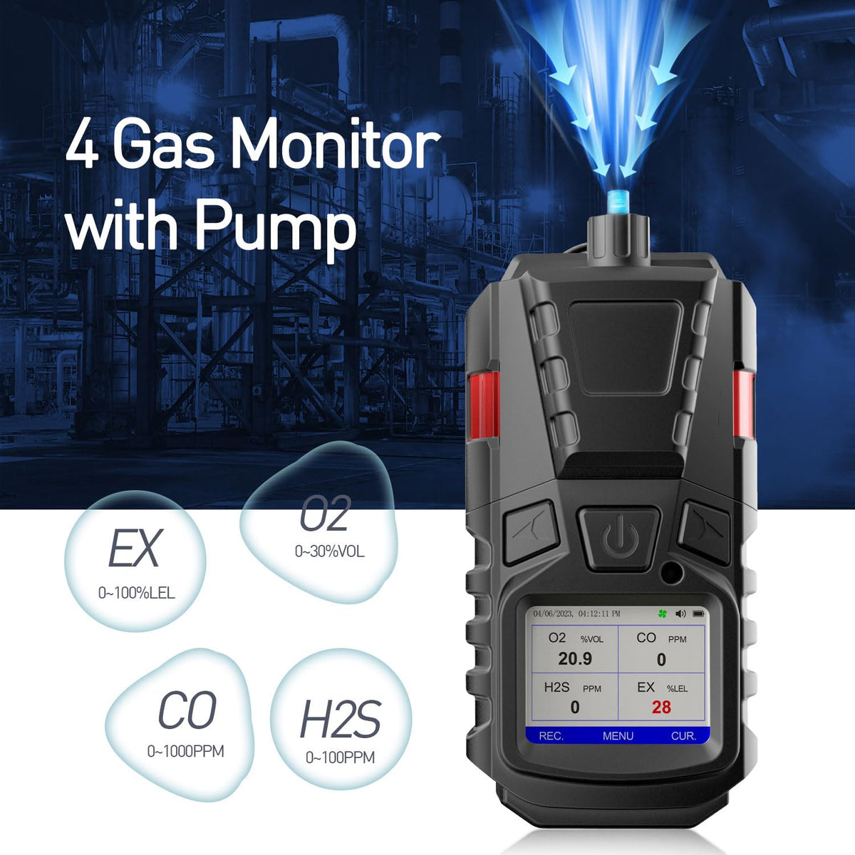 Forsensal gas detector pump side view highlights compact form for easy carry.