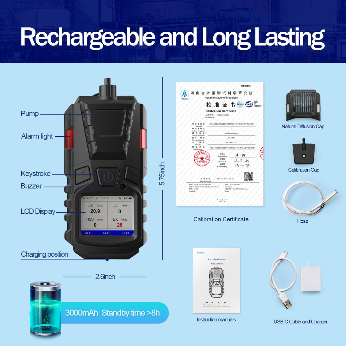 Forsensal LCD display shows real-time gas readings for quick assessment.