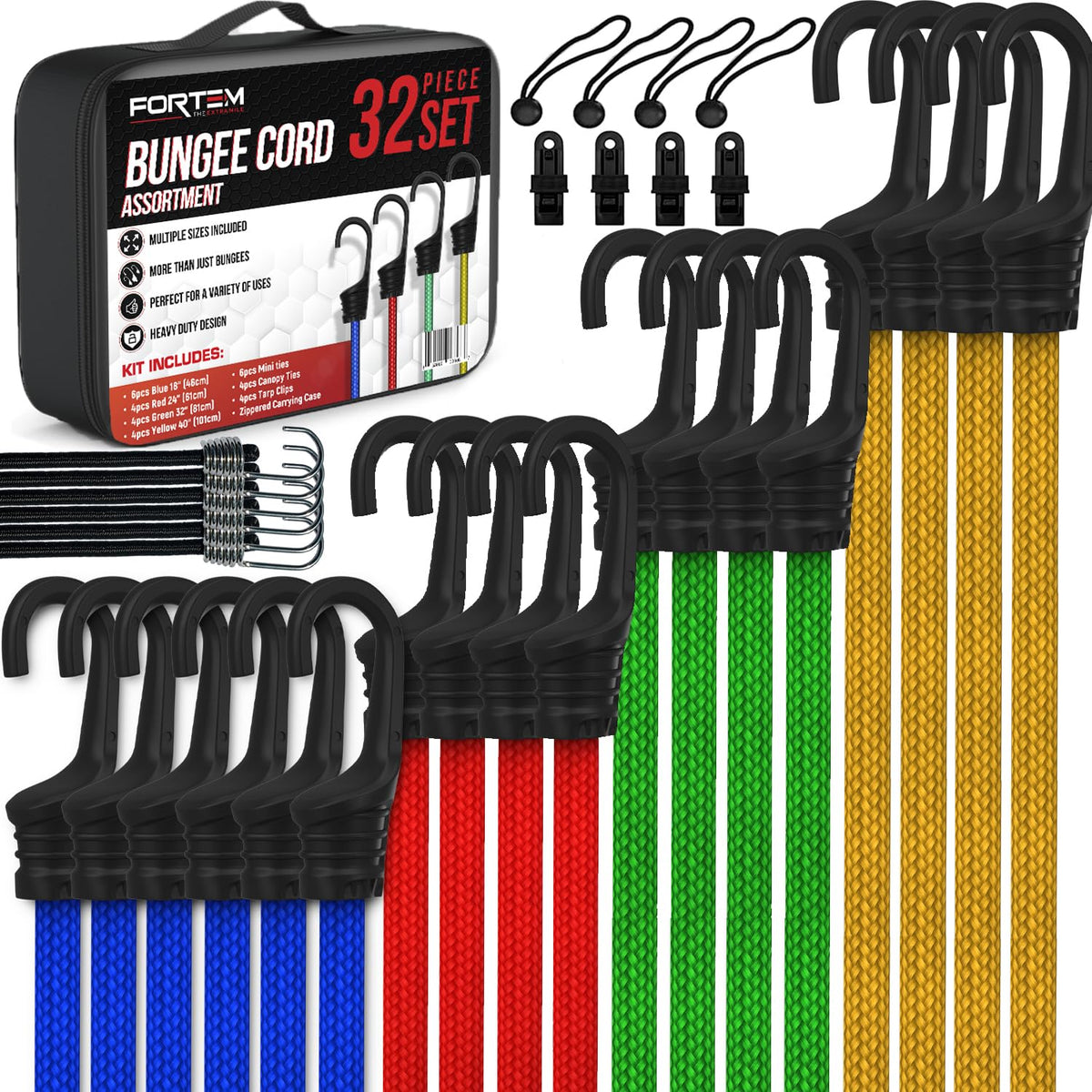 FORTEM bungee cords assortment with color-coded sizes for versatile securing tasks.