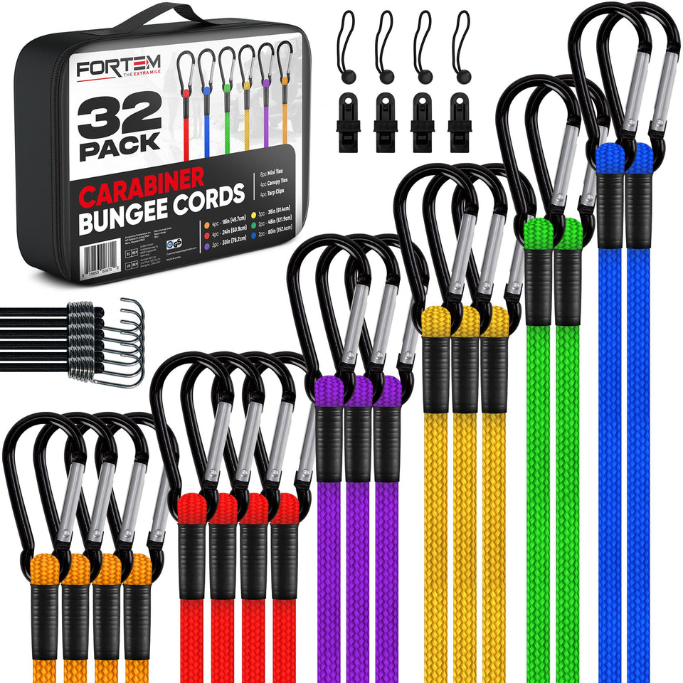 FORTEM bungee cords 18in with carabiner hooks for secure tiedowns on gear.