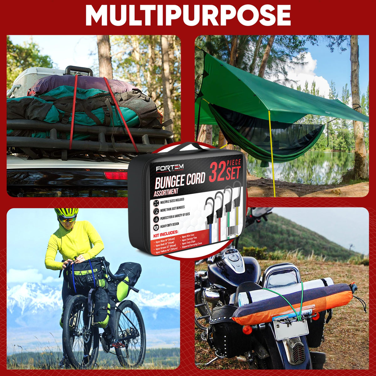 FORTEM tarp clips included for secure outdoor tarps and fast setup.