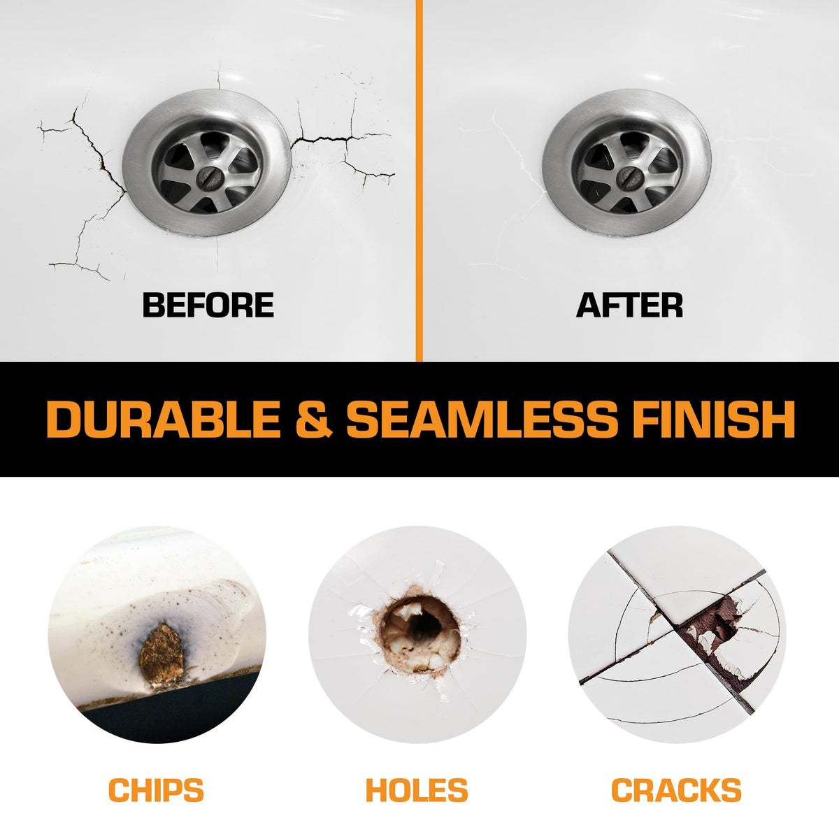 FORTIVO porcelain tub crack before-after illustrating repair results.