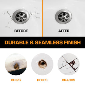 FORTIVO porcelain tub crack before-after illustrating repair results.