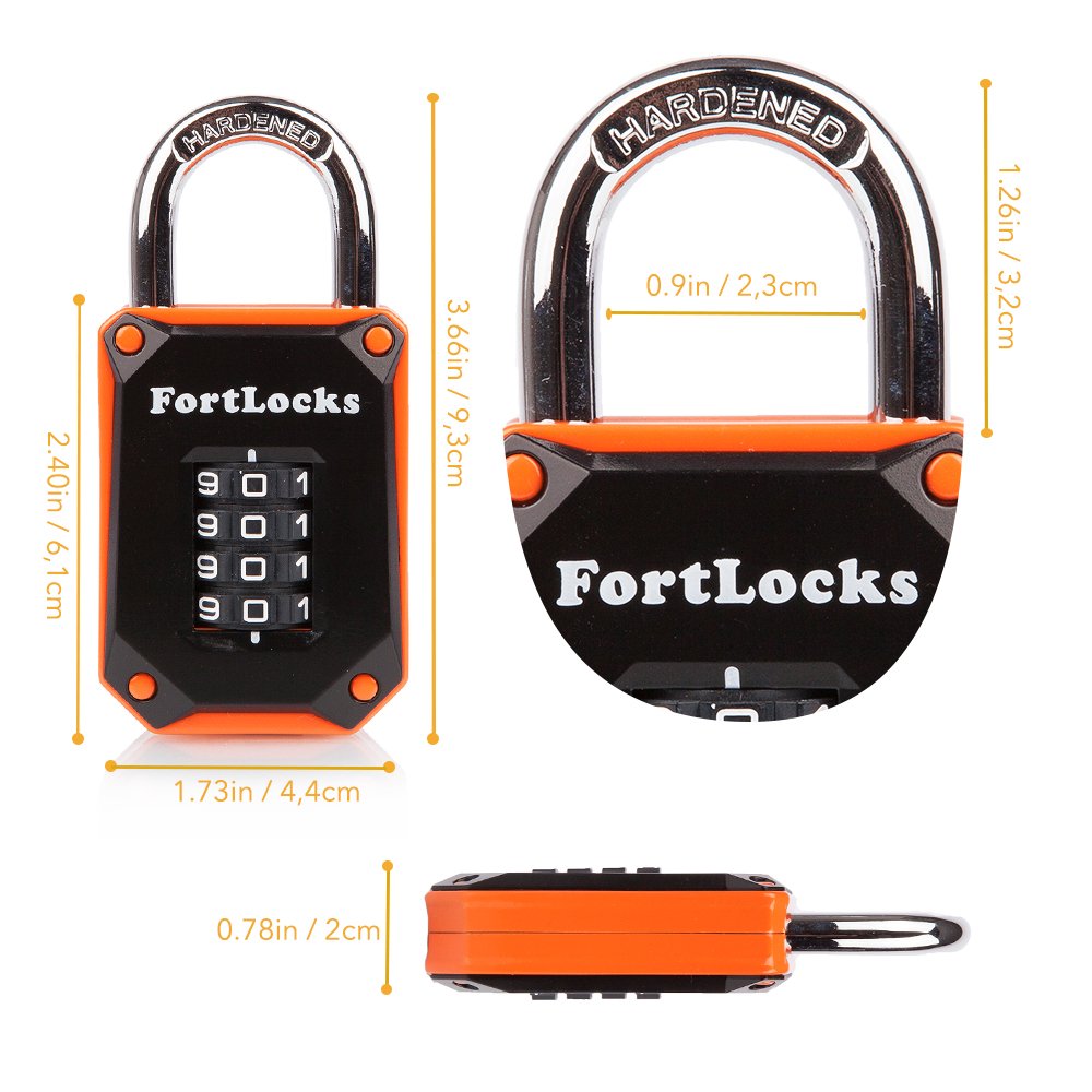 FortLocks orange 4-digit padlock dial close-up with easy-to-read numbers.