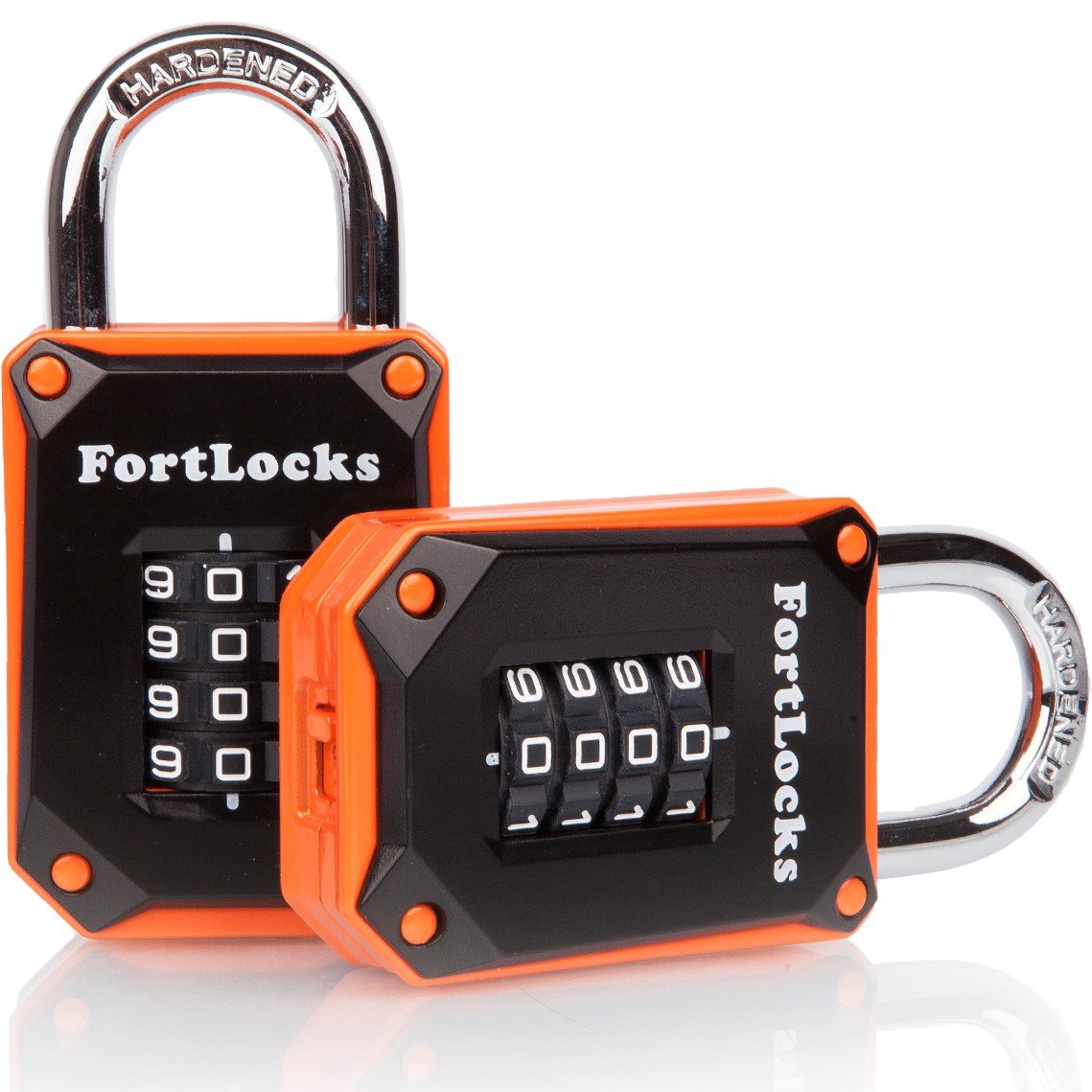 FortLocks two-pack orange 4-digit lock, front view, compact and high security for cabinets.
